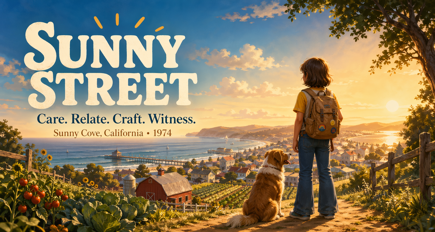 A kid and a dog looking out over the Sunny Cove coast, the town of Sunny Street at golden hour.